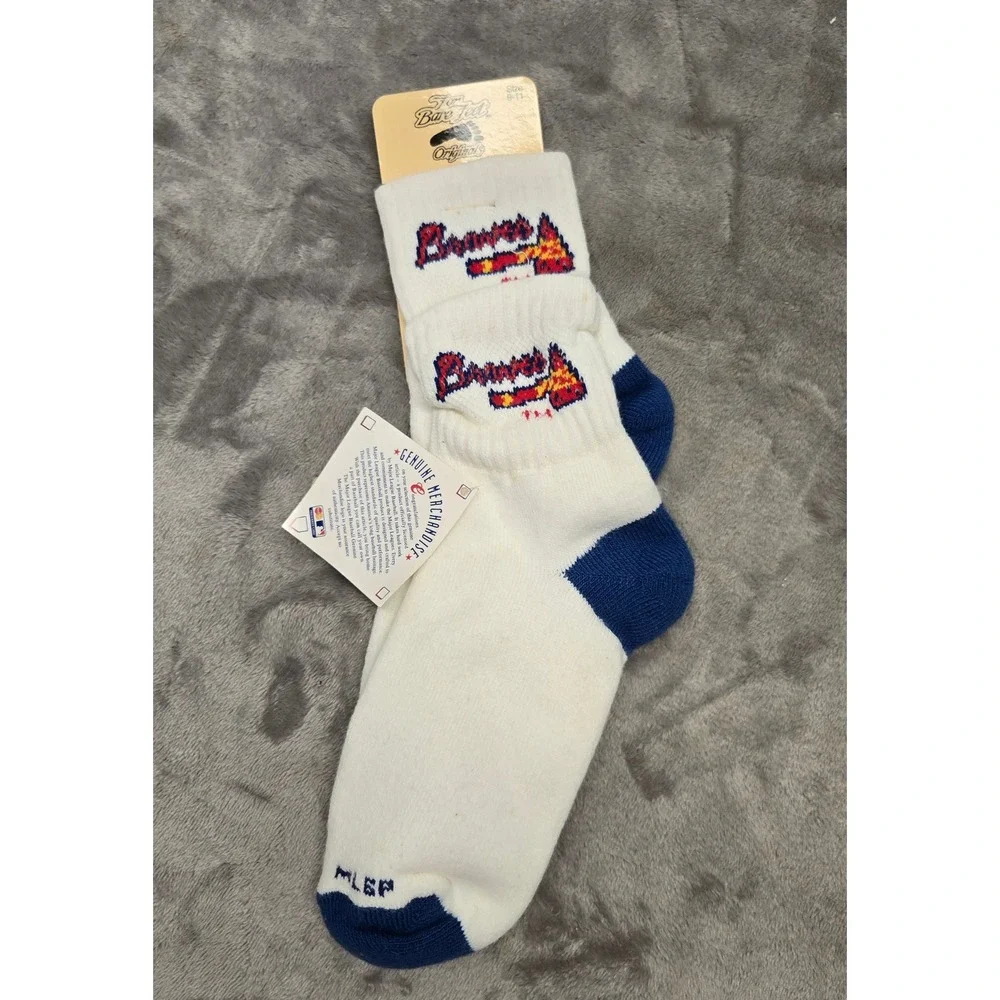 Vintage For Bare Feet Atlanta Braves MLB Crew Socks White Blue Made in USA 9-11